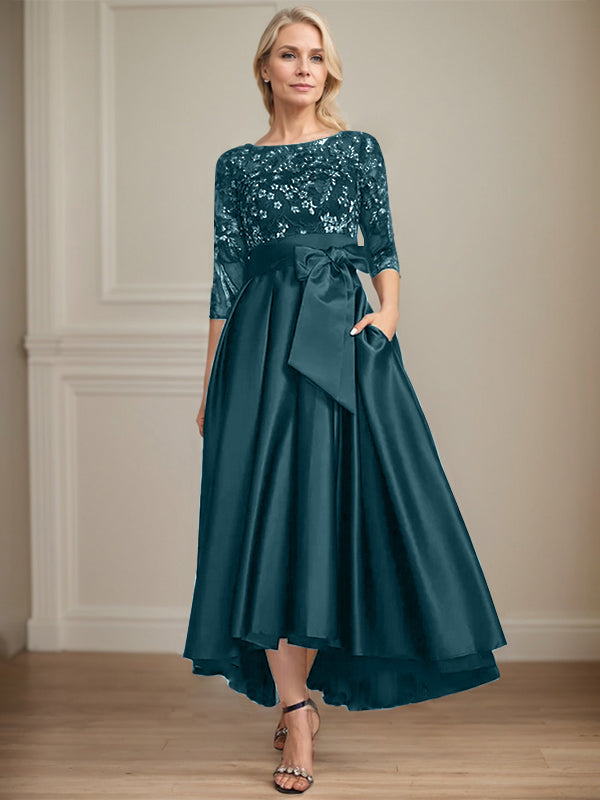 A-Line Scoop Neck Illusion Asymmetrical Satin Lace Mother of the Bride Dress with Bow
