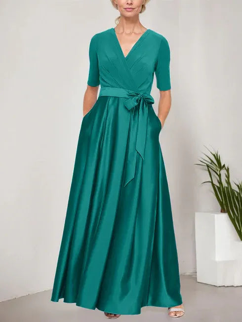 Surplice Neckline Ballgown with Full Satin Skirt and Jersey Bodice