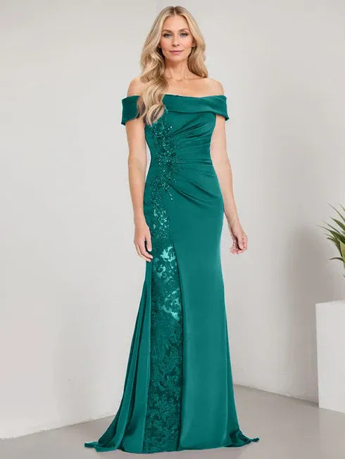 A-Line Off-the-Shoulder Floor-Length Mother of the Bride Dress with Appliqué Beadings and Mermaid Silhouette Featuring a High Split
