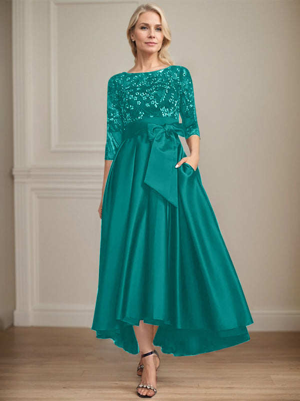 A-Line Scoop Neck Illusion Asymmetrical Satin Lace Mother of the Bride Dress with Bow