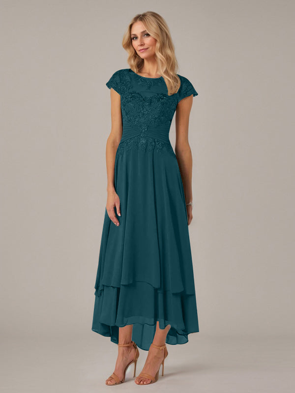 A-Line Boat Neck Illusion Asymmetrical Chiffon Lace Mother of the Bride Dress with Applique and Pleats