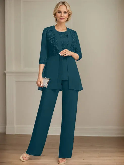 Floor-Length Chiffon Lace Jumpsuit and Pantsuit Separates with Sequins – Perfect Mother of the Bride Dress