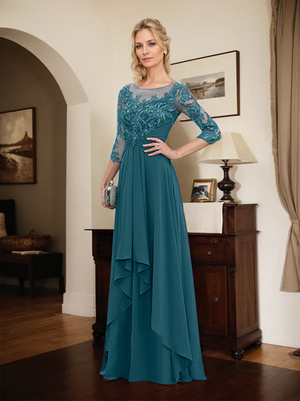 A-Line Scoop Neck Illusion Floor-Length Lace Chiffon Mother of the Bride Dress with Cascading Ruffles