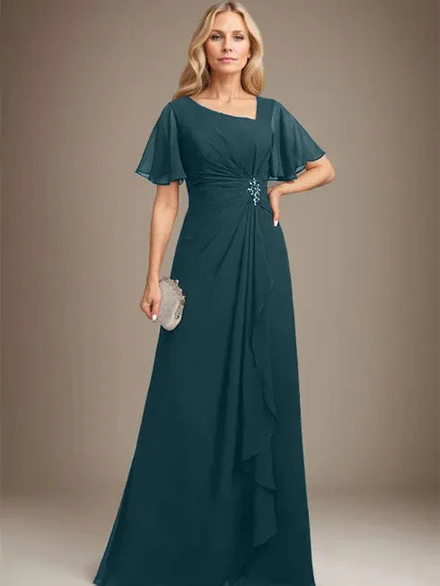 A-Line Asymmetrical Floor-Length Chiffon Mother of the Bride Dress with Pleated Beading and Sequins