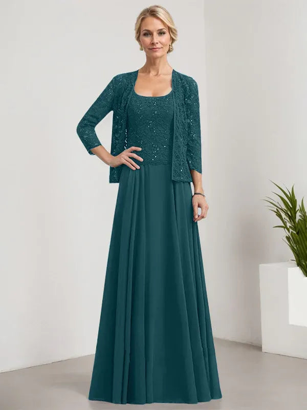 A-Line Square Neck Floor-Length Lace and Chiffon Mother of the Bride Dress with Sequins