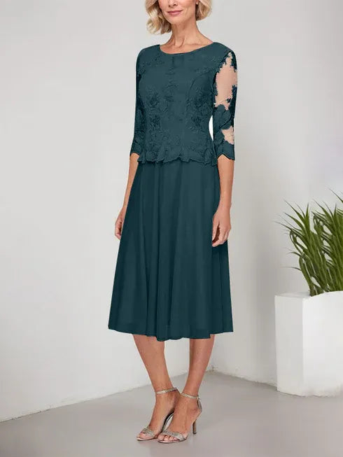 A-Line Scoop Neck Tea-Length Lace Chiffon Mother of the Bride Dress with Embroidery