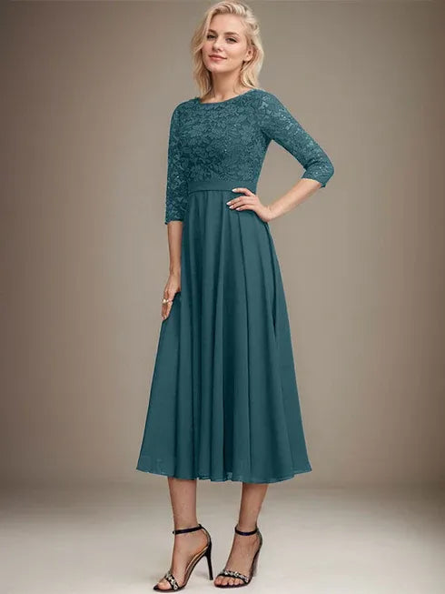 A-Line Scoop Neck Tea-Length Lace Chiffon Mother of the Bride Dress with Sequins