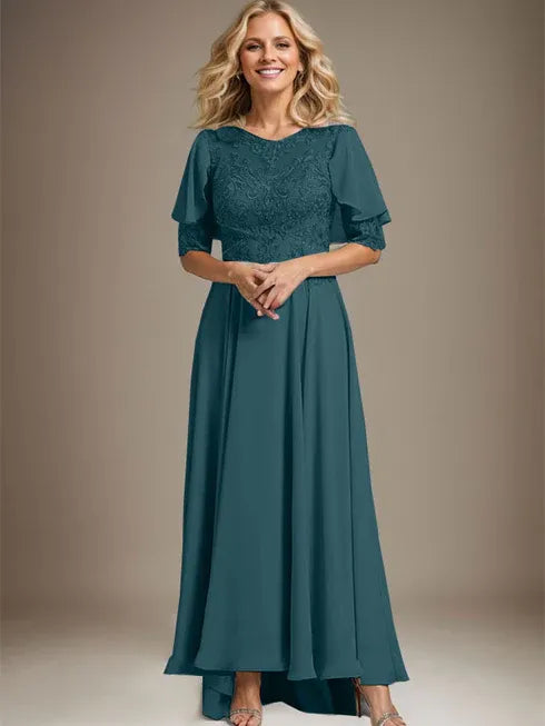 A-Line Scoop Neck Illusion Asymmetrical Chiffon and Lace Mother of the Bride Dress with Beading