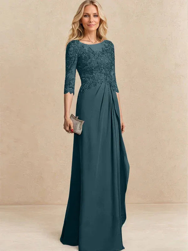 A-Line Scoop Illusion Floor-Length Chiffon and Lace Mother of the Bride Dress with Beading, Sequins, and Cascading Ruffles