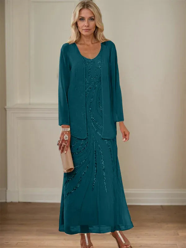 V-Neck Sheath/Mother of the Bride Ankle-Length Dress with Jacket & Sequins