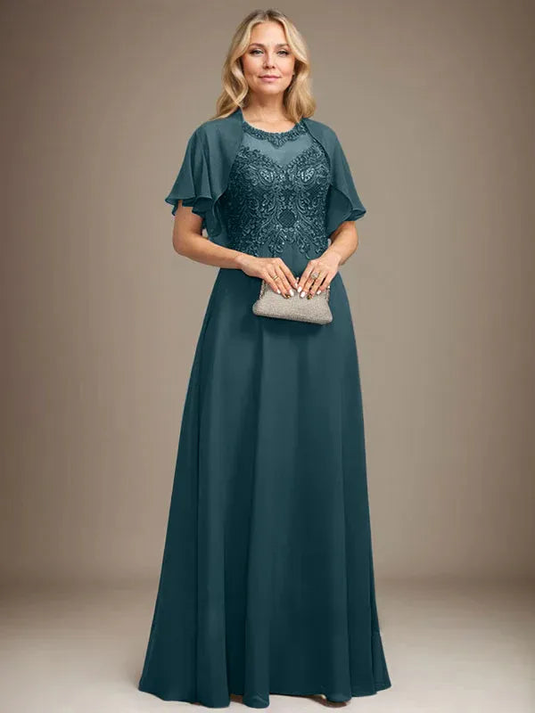 A-Line Scoop Neck Illusion Floor-Length Lace Chiffon Mother of the Bride Dress with Sequins