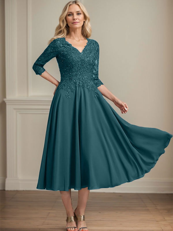 A-Line V-Neck Tea-Length Chiffon and Lace Mother of the Bride Dress with Beading and Sequins