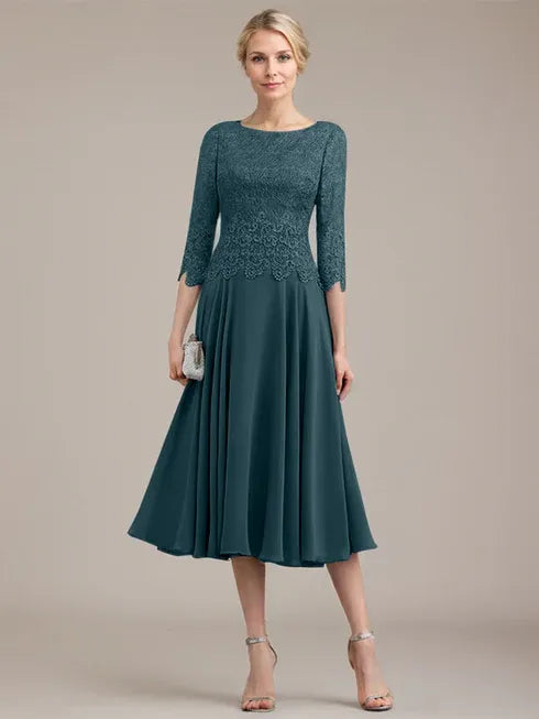 A-Line Scoop Neck Tea-Length Lace Chiffon Mother of the Bride Dress