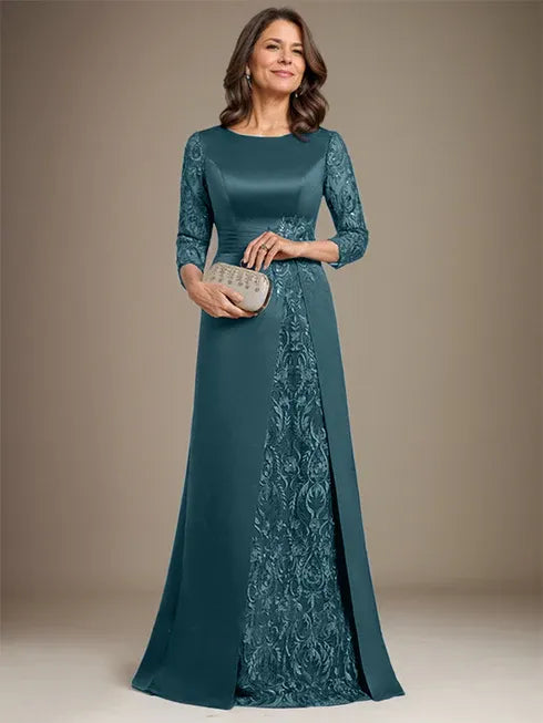 Floor-Length A-Line Lace Satin Mother of the Bride Dress with Scoop Neck and Applique