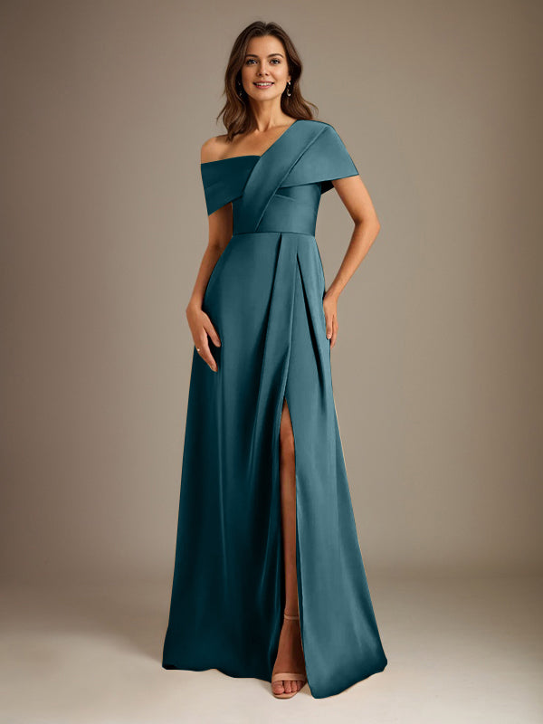 A-Line Satin Mother of the Bride Dress with Asymmetrical Neckline, Floor-Length, and Pleated Design