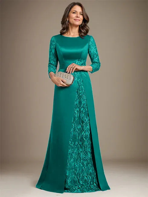Floor-Length A-Line Lace Satin Mother of the Bride Dress with Scoop Neck and Applique