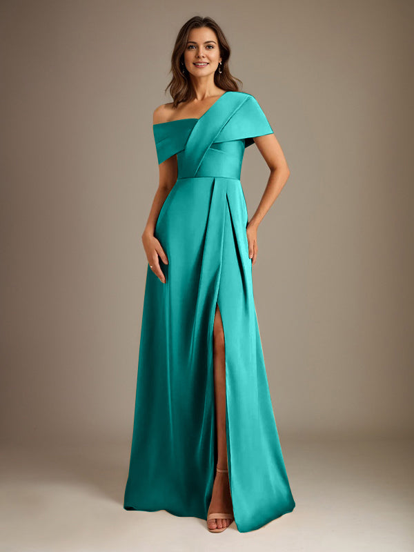 A-Line Satin Mother of the Bride Dress with Asymmetrical Neckline, Floor-Length, and Pleated Design