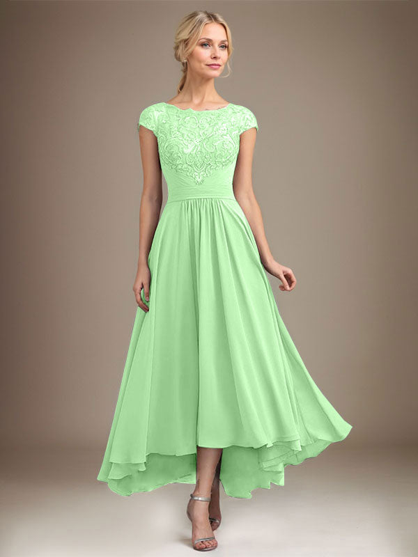 A-Line Scoop Neck Illusion Asymmetrical Lace Chiffon Mother of the Bride Dress with Pleats