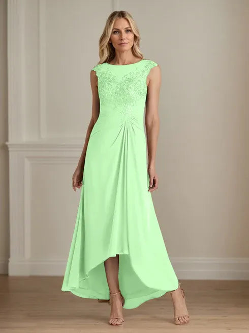 Champagne A-Line Lace and Chiffon Scoop Neck Dress