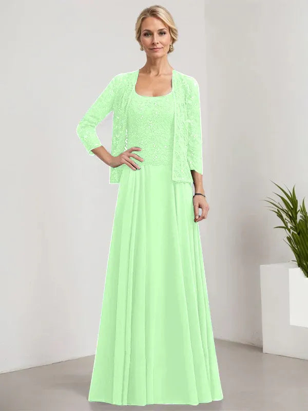 A-Line Square Neck Floor-Length Lace and Chiffon Mother of the Bride Dress with Sequins