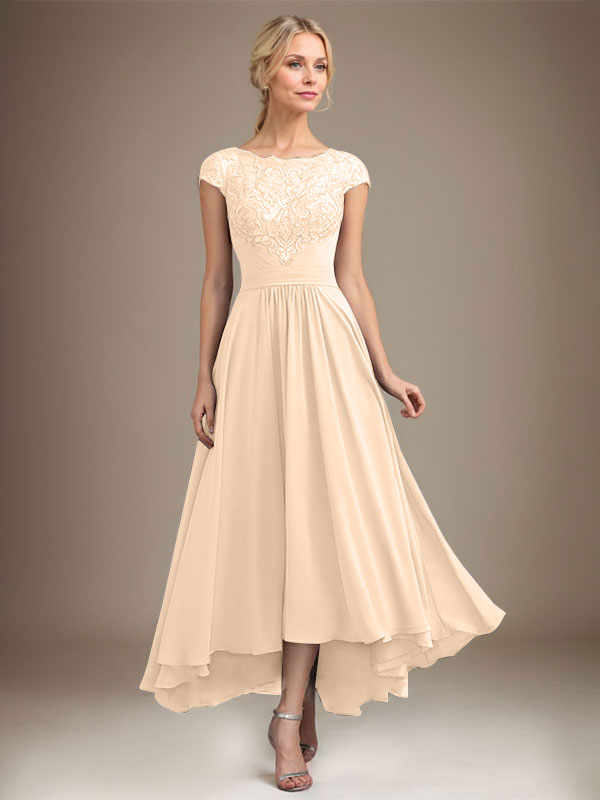 A-Line Scoop Neck Illusion Asymmetrical Lace Chiffon Mother of the Bride Dress with Pleats