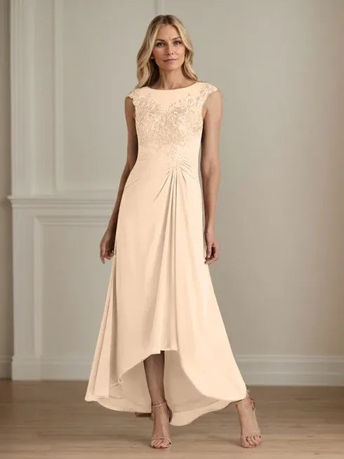 Champagne A-Line Lace and Chiffon Scoop Neck Dress