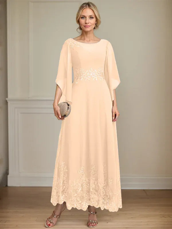 A-Line Scoop Neck Illusion Lace Chiffon Mother of the Bride Dress with Sequins and Ankle-Length Hem