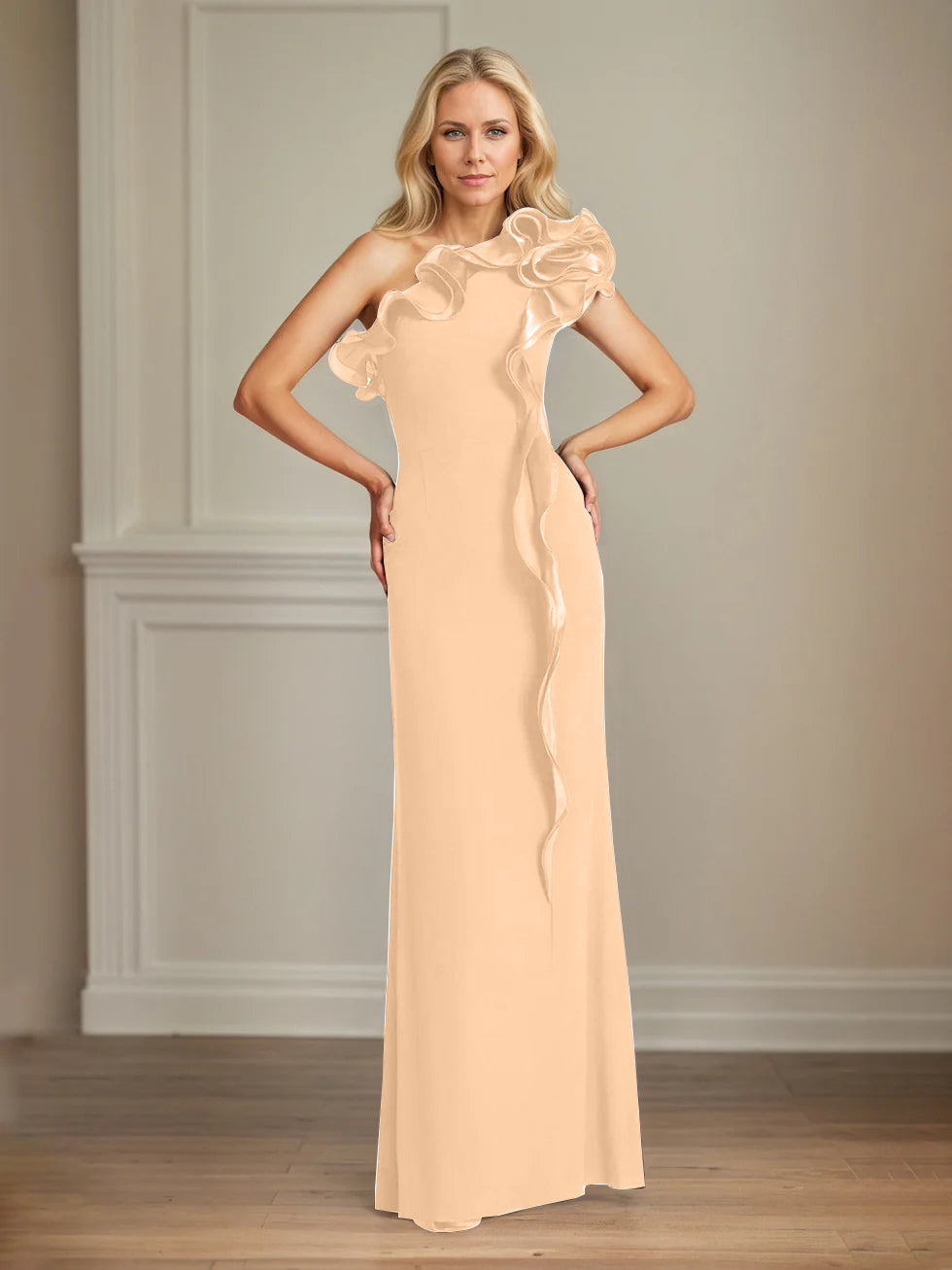Navy Stretch Crepe One-Shoulder Sheath Dress with Ruffles – Floor-Length Mother of the Bride Gown