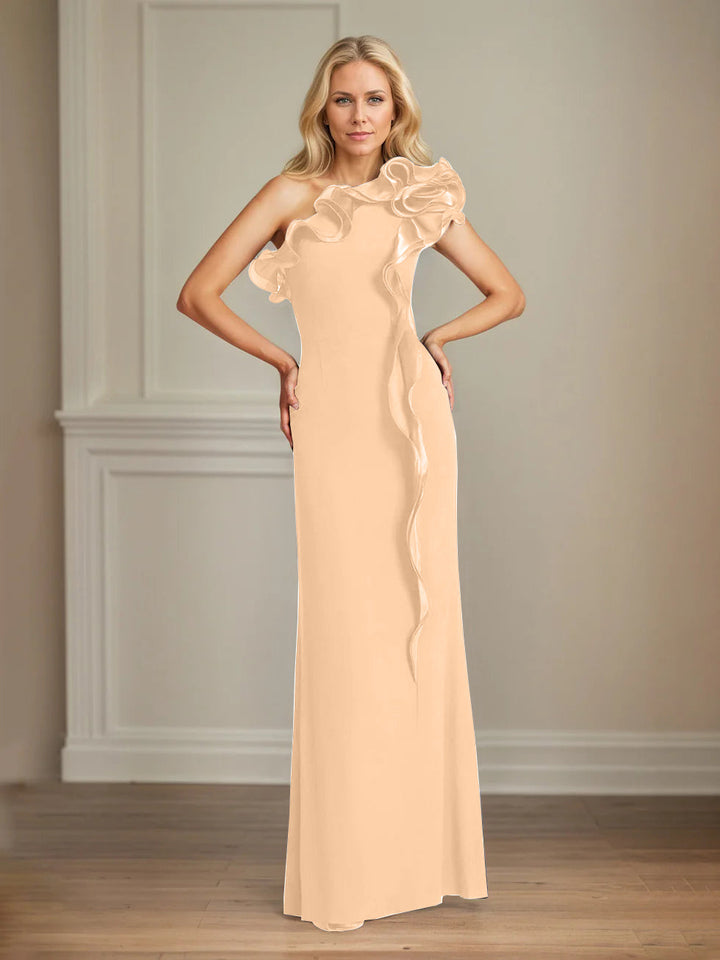 Navy Stretch Crepe One-Shoulder Sheath Dress with Ruffles – Floor-Length Mother of the Bride Gown