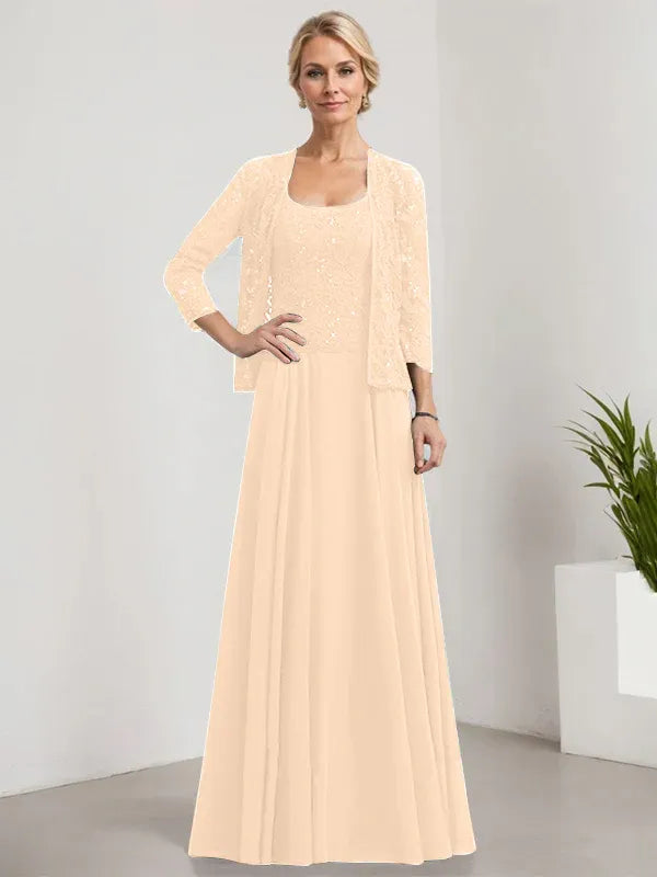 A-Line Square Neck Floor-Length Lace and Chiffon Mother of the Bride Dress with Sequins