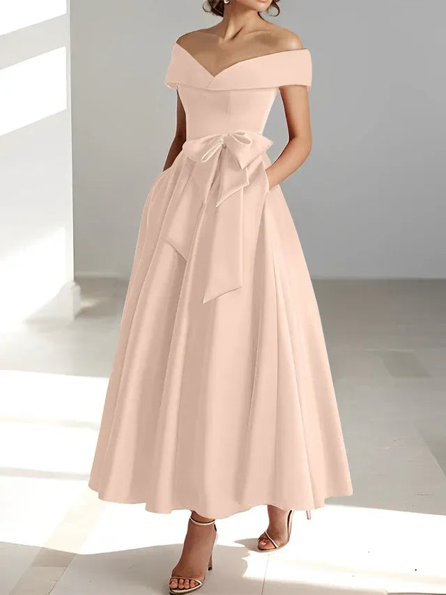 A-Line Off-the-Shoulder Sleeveless Ankle-Length Mother of the Bride Dress with Pockets