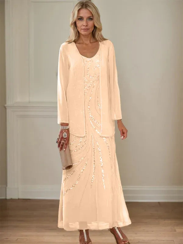 V-Neck Sheath/Mother of the Bride Ankle-Length Dress with Jacket & Sequins