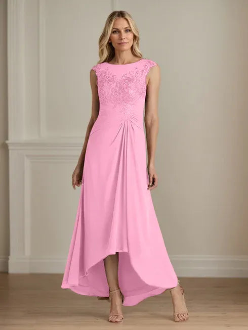 Champagne A-Line Lace and Chiffon Scoop Neck Dress