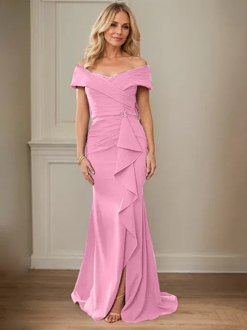 Floor-Length Lace and Chiffon Mother of the Bride Dress with Sheath/Column V-Neck Illusion and Pleated Sequins