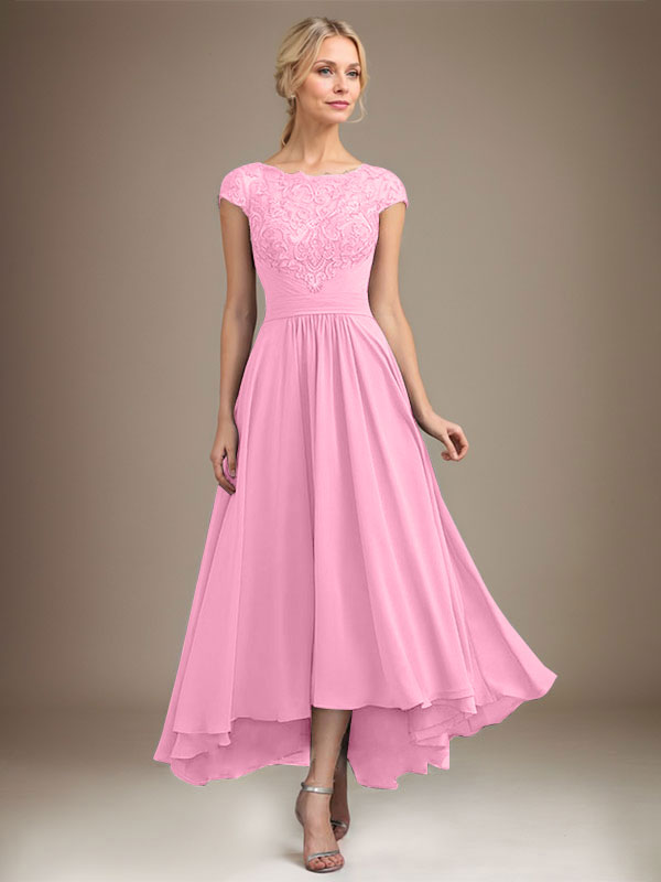 A-Line Scoop Neck Illusion Asymmetrical Lace Chiffon Mother of the Bride Dress with Pleats