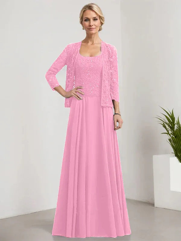 A-Line Square Neck Floor-Length Lace and Chiffon Mother of the Bride Dress with Sequins
