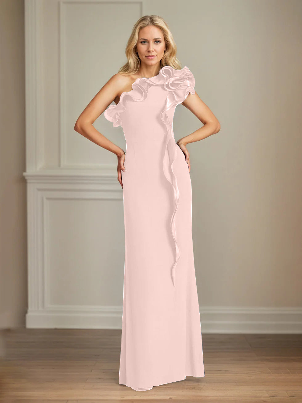 Navy Stretch Crepe One-Shoulder Sheath Dress with Ruffles – Floor-Length Mother of the Bride Gown