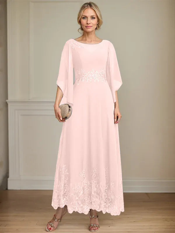 A-Line Scoop Neck Illusion Lace Chiffon Mother of the Bride Dress with Sequins and Ankle-Length Hem