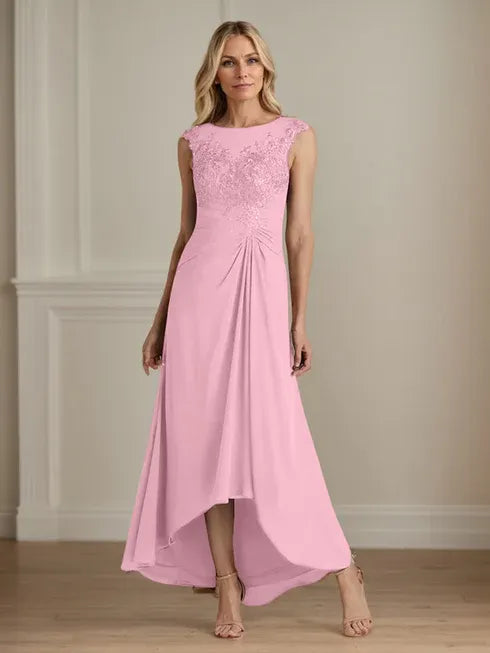 Champagne A-Line Lace and Chiffon Scoop Neck Dress