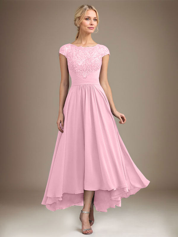 A-Line Scoop Neck Illusion Asymmetrical Lace Chiffon Mother of the Bride Dress with Pleats