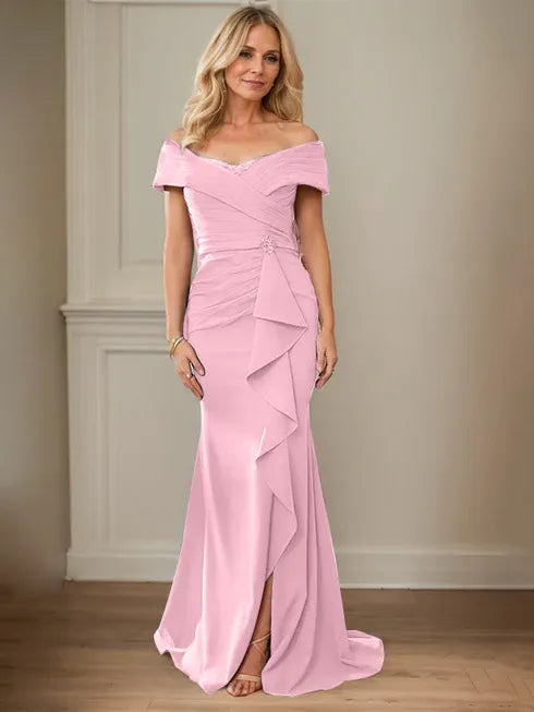 Floor-Length Lace and Chiffon Mother of the Bride Dress with Sheath/Column V-Neck Illusion and Pleated Sequins