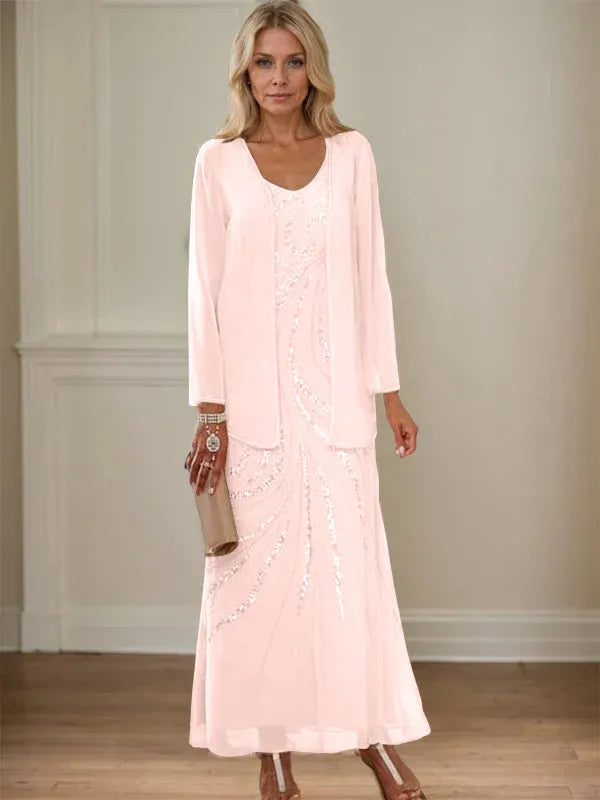 Sheath/Column V-Neck Ankle-Length Mother of the Bride Dresses with Jacket & Sequins
