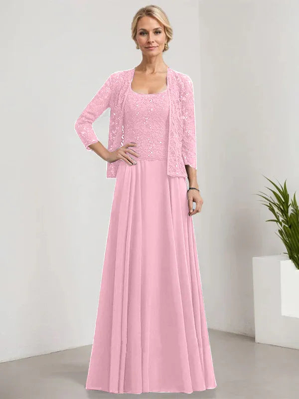 A-Line Square Neck Floor-Length Lace and Chiffon Mother of the Bride Dress with Sequins