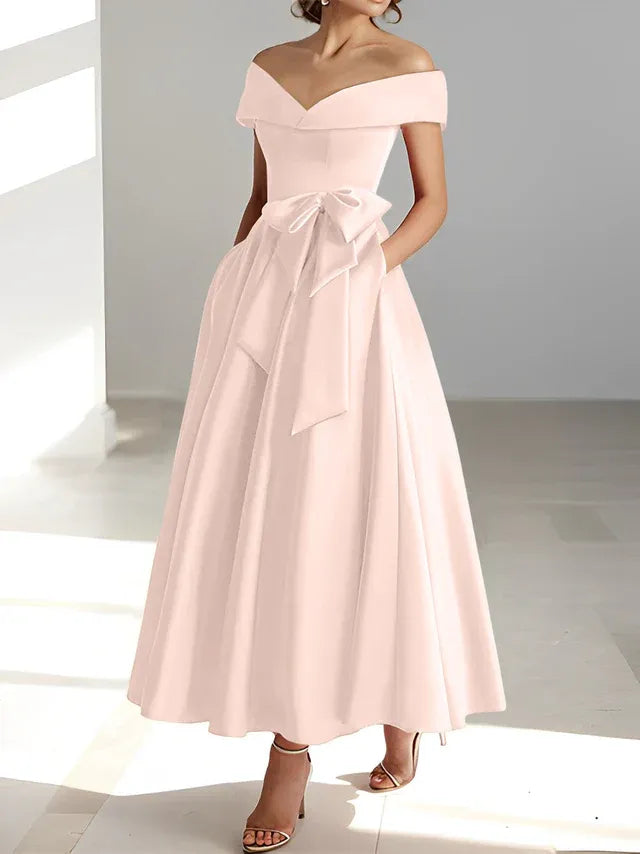 A-Line Off-the-Shoulder Sleeveless Ankle-Length Mother of the Bride Dress with Pockets