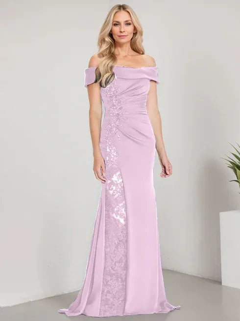 A-Line Off-the-Shoulder Floor-Length Mother of the Bride Dress with Appliqué Beadings and Mermaid Silhouette Featuring a High Split