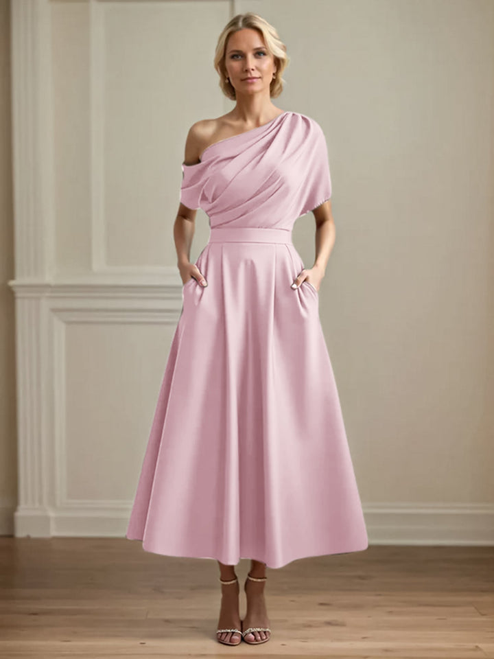 One-Shoulder Satin A-Line Pleated Ankle-Length Mother of the Bride Dress
