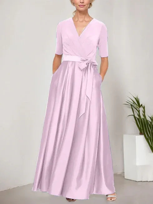 Surplice Neckline Ballgown with Full Satin Skirt and Jersey Bodice