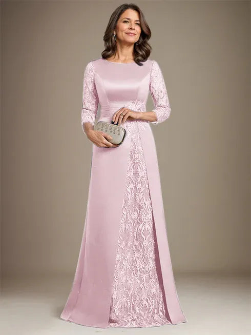 Floor-Length A-Line Lace Satin Mother of the Bride Dress with Scoop Neck and Applique