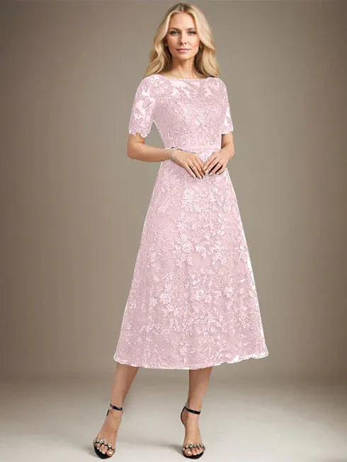 A-Line Scoop Neck Illusion Tea-Length Lace Mother of the Bride Dress with Sequins