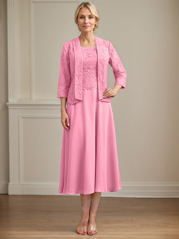 A-Line Scoop Neck Tea-Length Lace Chiffon Mother of the Bride Dress